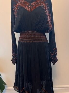 Free People Black Dress with Rust Embroidery